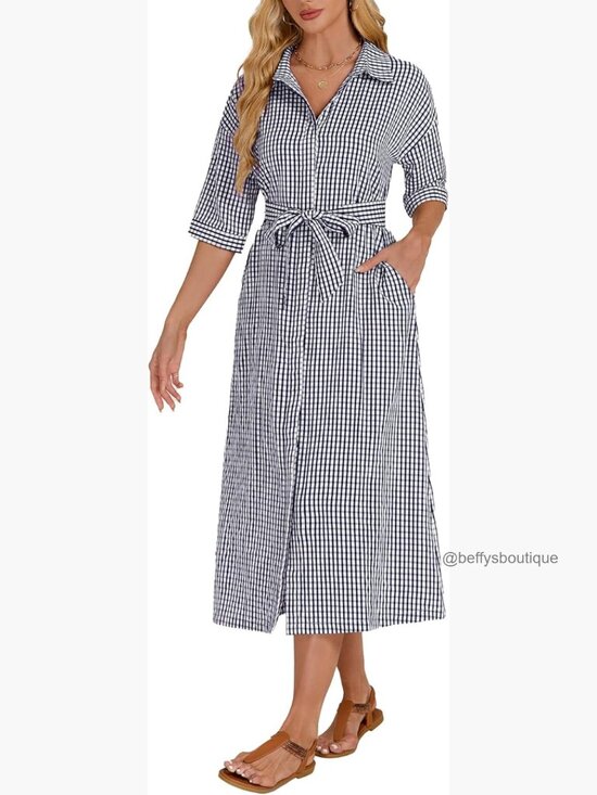 Dresses & Skirts - Plaid Half Sleeve Maxi Dress Button Down Loose Belted Dress with Pockets